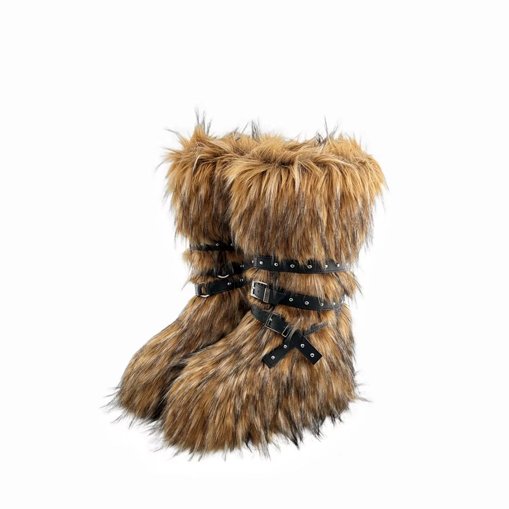 Luxury Faux Fur Knee-High Boots – Belt Buckle, Slip-On Winter Warm Fashion