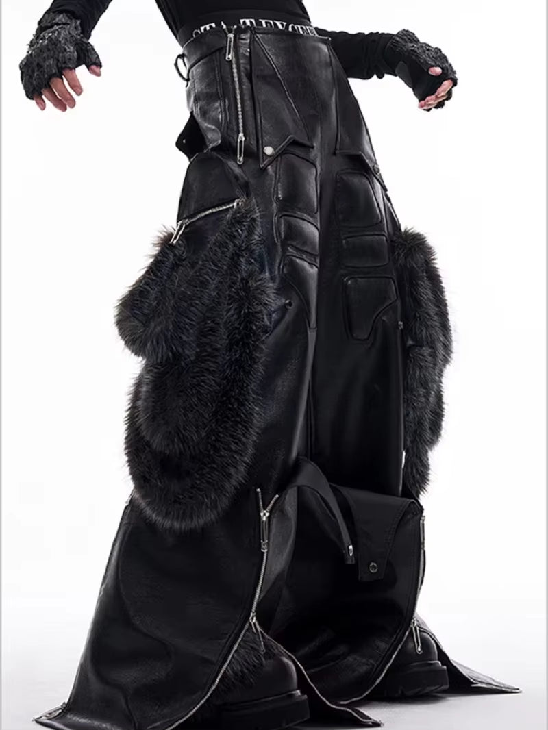 Men’s Black PU Leather Cargo Pants – Wide Leg Streetwear 2025 🖤