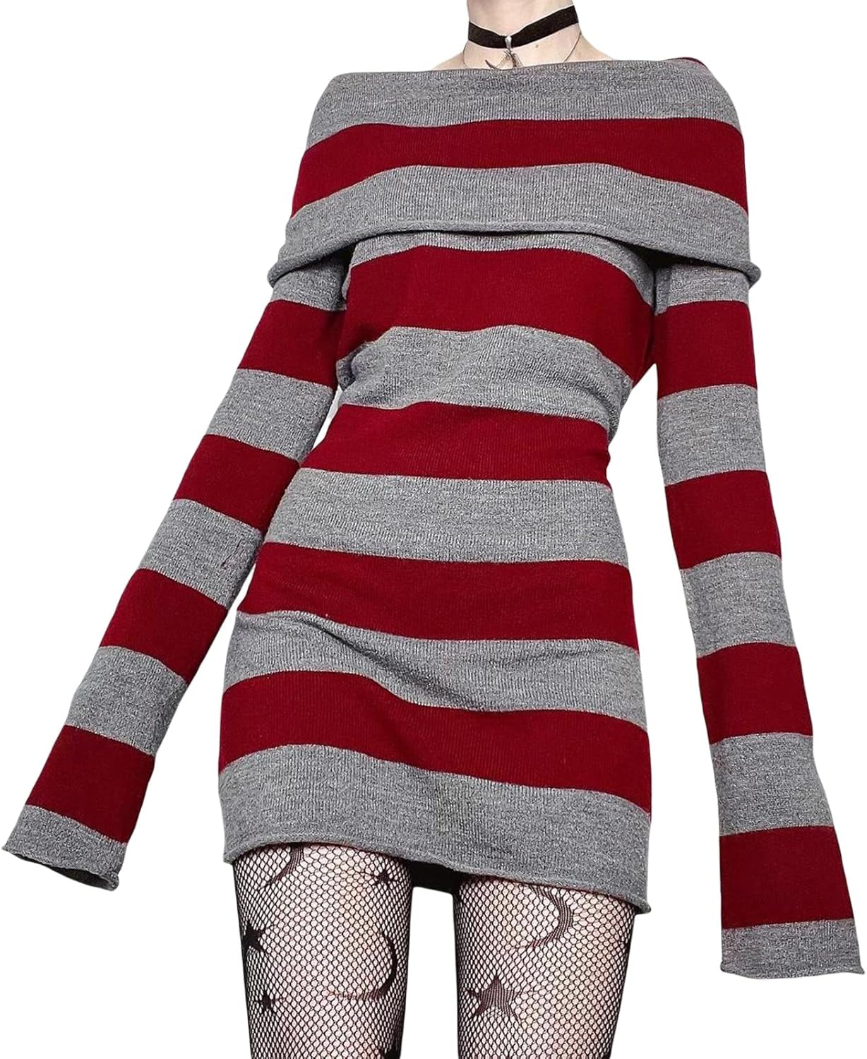 🖤 Y2K Striped Off-Shoulder Sweater Dress — Grunge & Emo Vibes 🔥