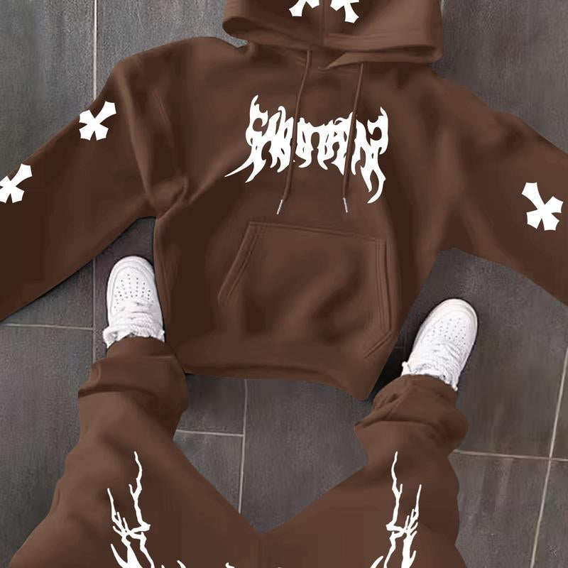 Men’s Black Hoodie & Pants Set – American Streetwear with Lightning Cross Print | Casual 2-Piece Tracksuit