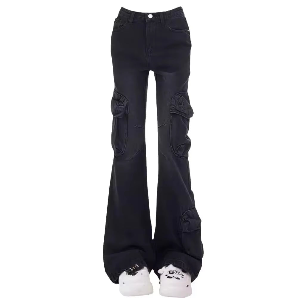 Women’s High-Waisted Vintage Flared Jeans – Black & Grey Street Style