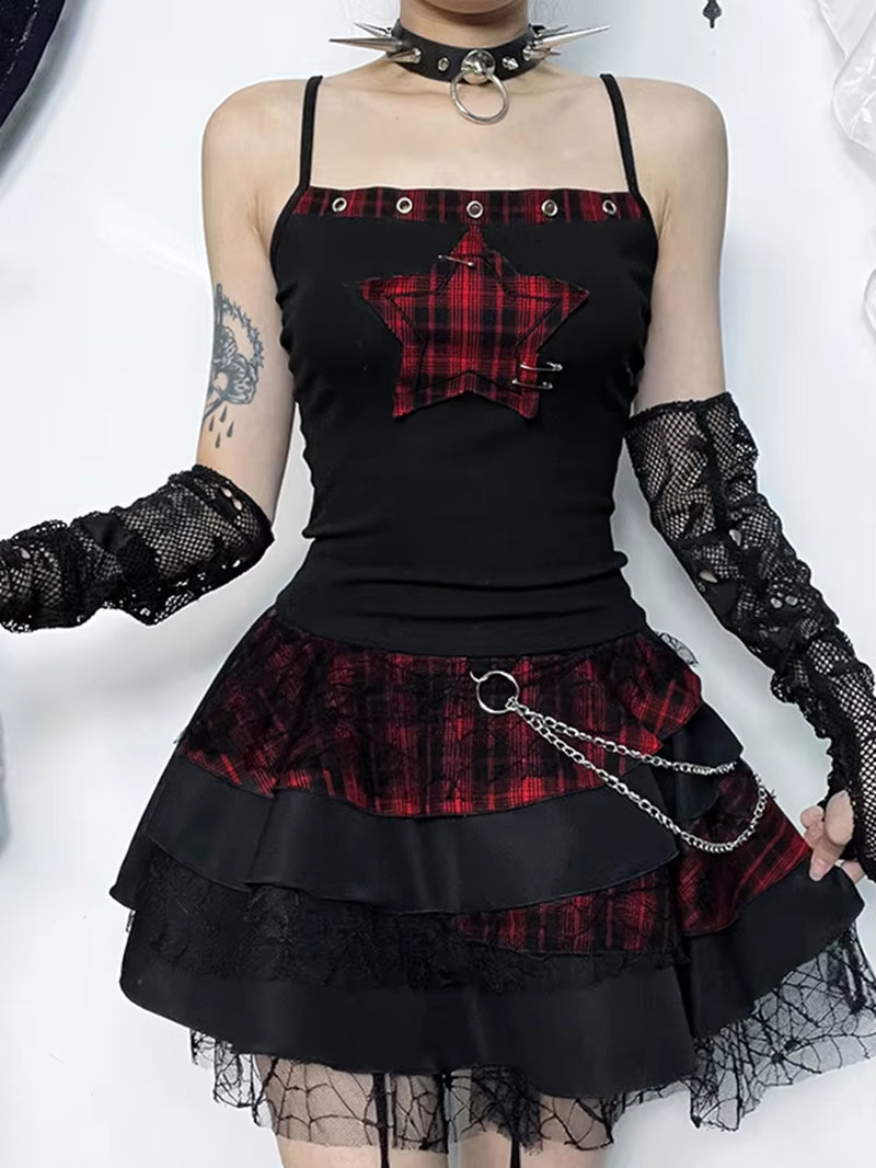 Y2K E-Girl Vintage Camis Women Mall Gothic Cyber Punk Emo Alt Grunge Hotsweet Plaid Pentagram Patchwork Crop Tank Tops