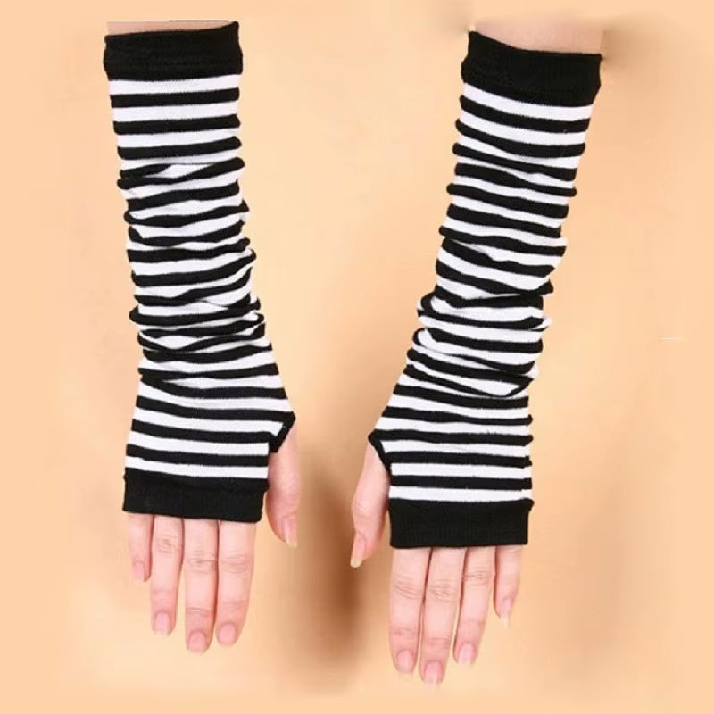 Striped Gloves Arm Warmer Knitted Long Fingerless Gloves Gothic Mittens Punk Rock Accessories Emo Scene Egirl Anime Y2K
