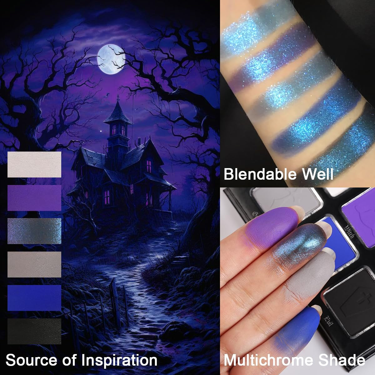 Goth Eyeshadow Palette Purple Blue, Multichrome Chrome Blue Purple Matte Black White Grey Dark Eye Shade, Gothic Halloween Makeup Eye Shadow Pallet for Joker Clown Cosplay SFX Makeup Costume