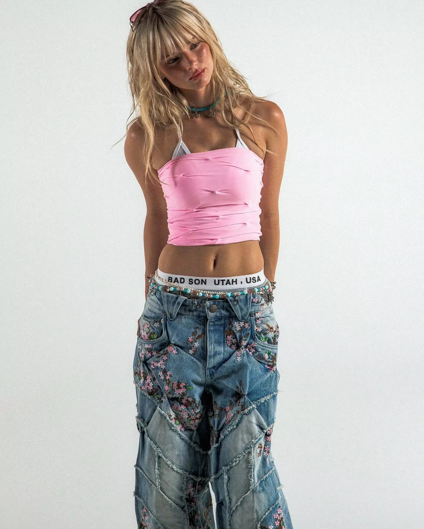 🌸 Harajuku Sakura Embroidered Wide-Leg Denim Pants | Vintage Cherry Blossom Streetwear for Men & Women