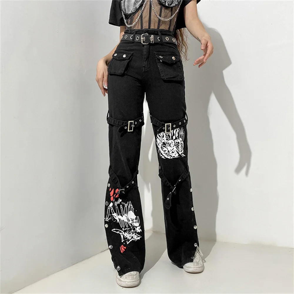 Gothic Emo Alt Cargo Pants Techwear Hippie Baggy Jeans Mom Goth Punk Black Denim Trousers Cyber Y2K Pants Academic Dark Clothes
