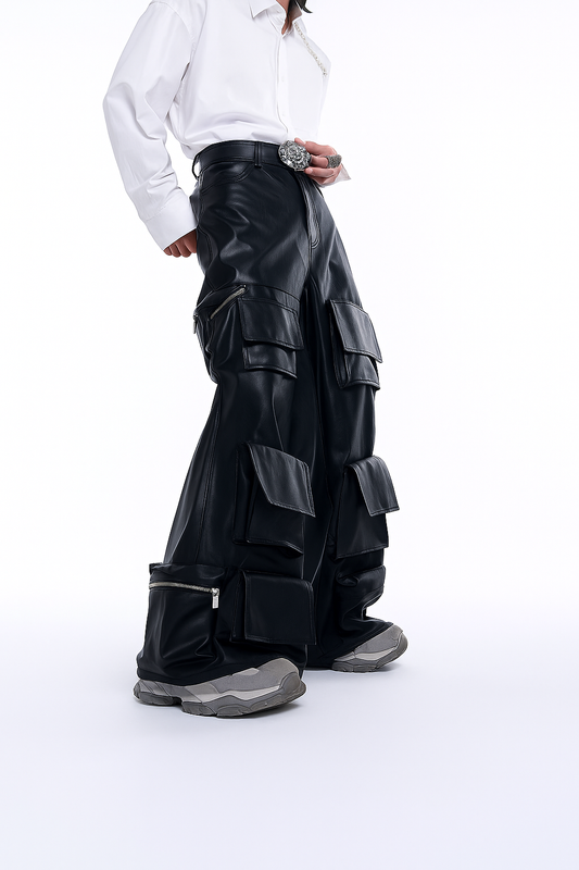 “Dark PU Leather Cargo Pants – Wide-Leg Designer Fit with 3D Pockets | Emo Streetwear Edition”