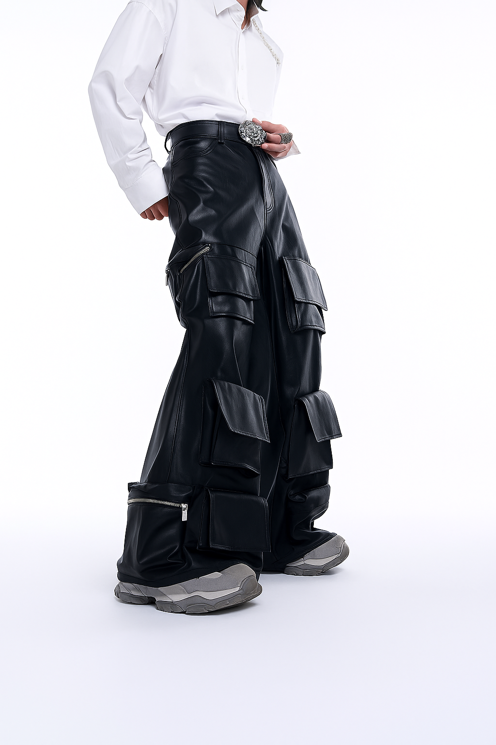“Dark PU Leather Cargo Pants – Wide-Leg Designer Fit with 3D Pockets | Emo Streetwear Edition”
