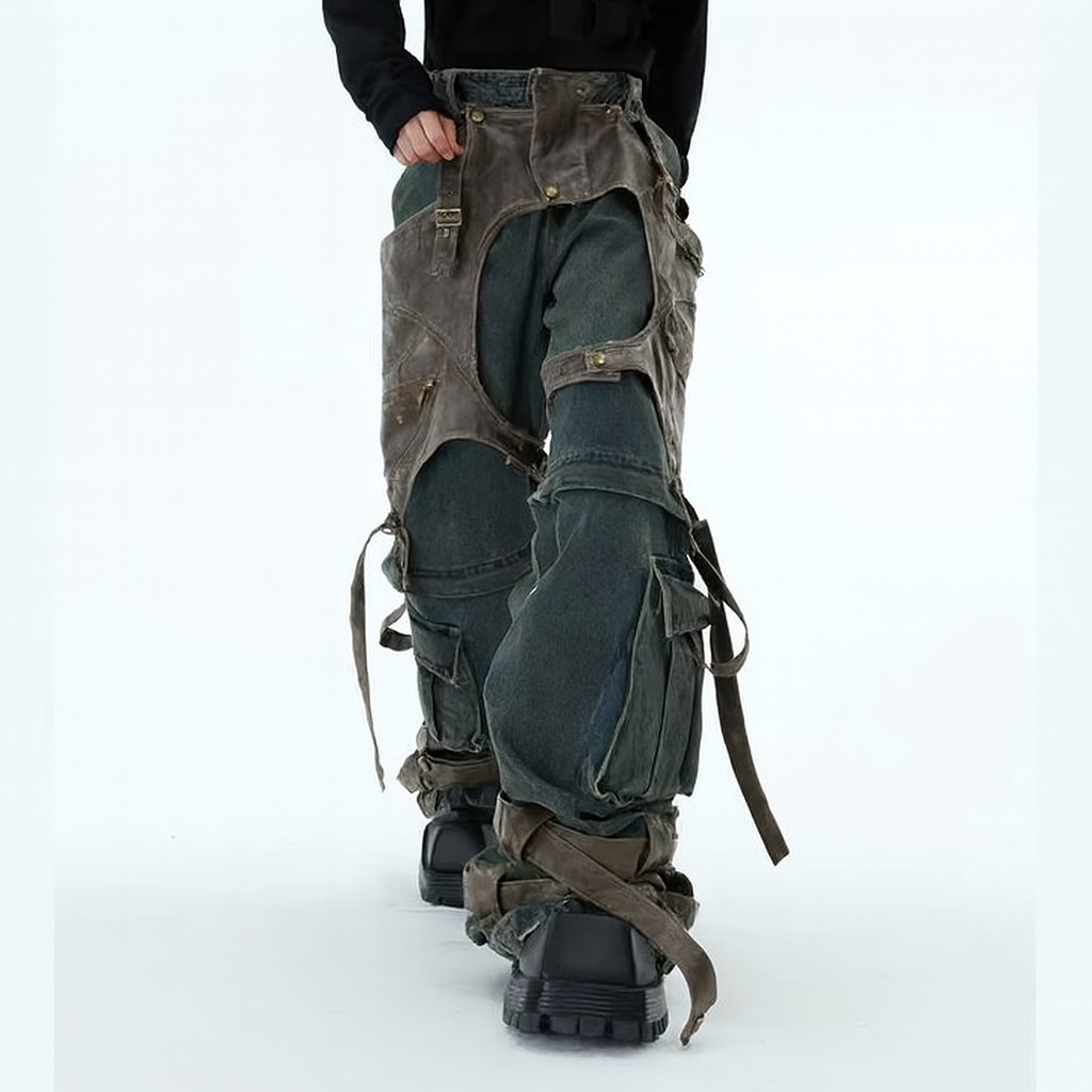 🇬🇧 Dark Deconstructed Jeans – Patchwork PU Leather Wide-Leg Pants