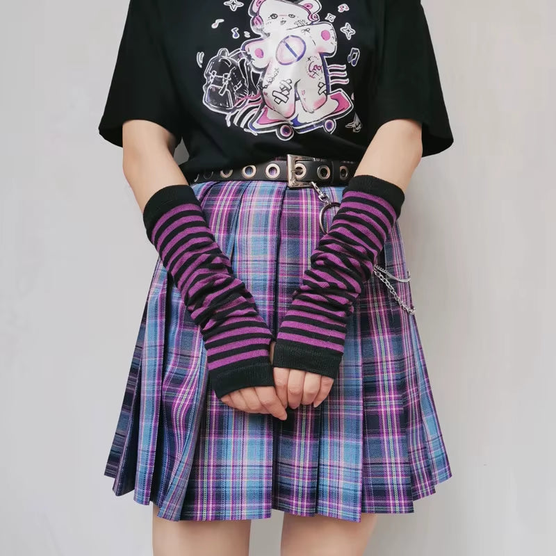 Striped Gloves Arm Warmer Knitted Long Fingerless Gloves Gothic Mittens Punk Rock Accessories Emo Scene Egirl Anime Y2K