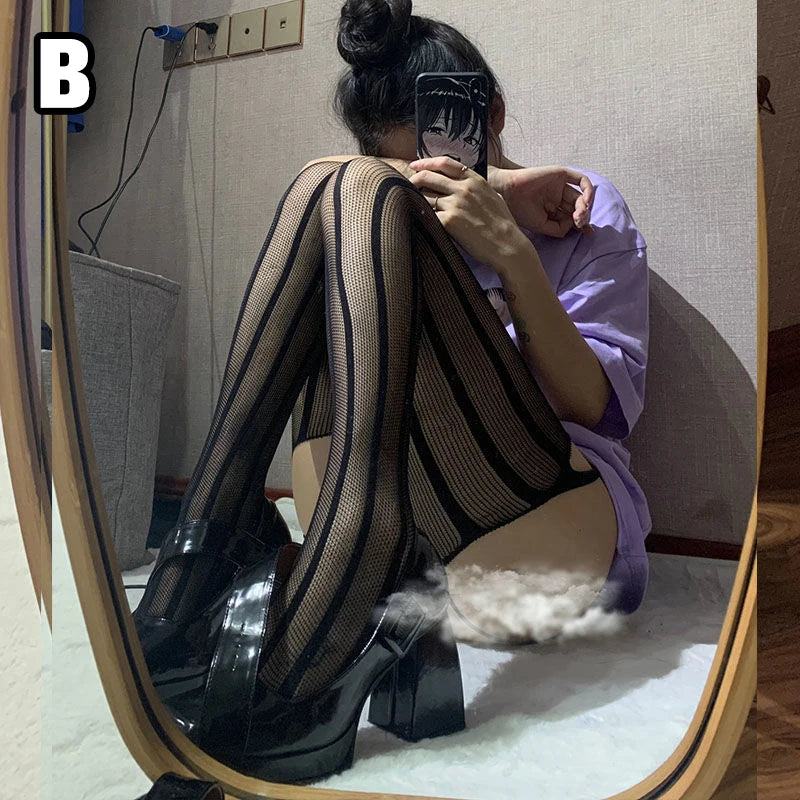 Gothic Dark Long Sexy Fishnet Stockings Women Harajuku Emo Alternative Mesh Tights Lingerie Skin Thigh High Garters Hosiery