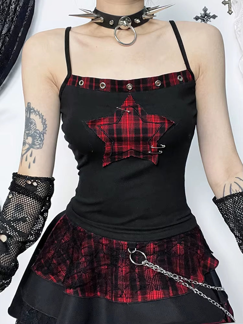 Y2K E-Girl Vintage Camis Women Mall Gothic Cyber Punk Emo Alt Grunge Hotsweet Plaid Pentagram Patchwork Crop Tank Tops