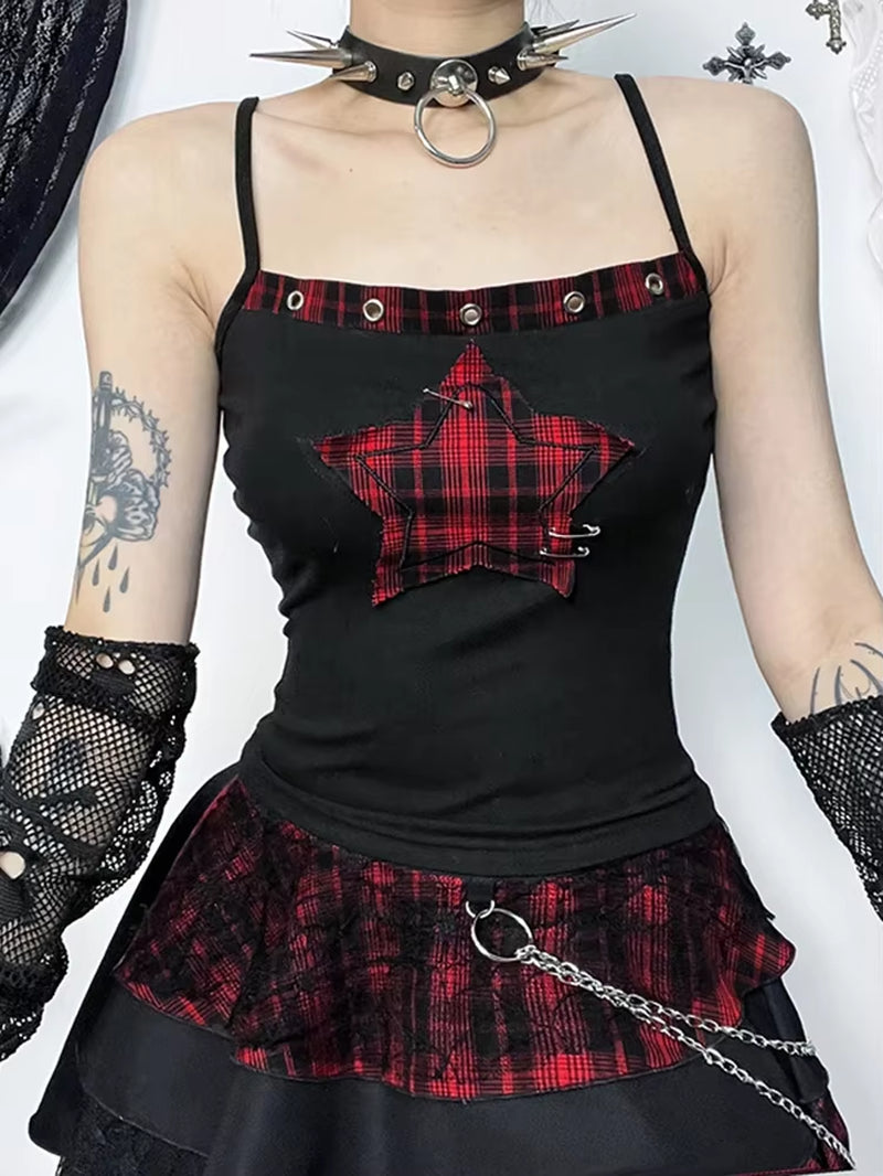 Y2K E-Girl Vintage Camis Women Mall Gothic Cyber Punk Emo Alt Grunge Hotsweet Plaid Pentagram Patchwork Crop Tank Tops