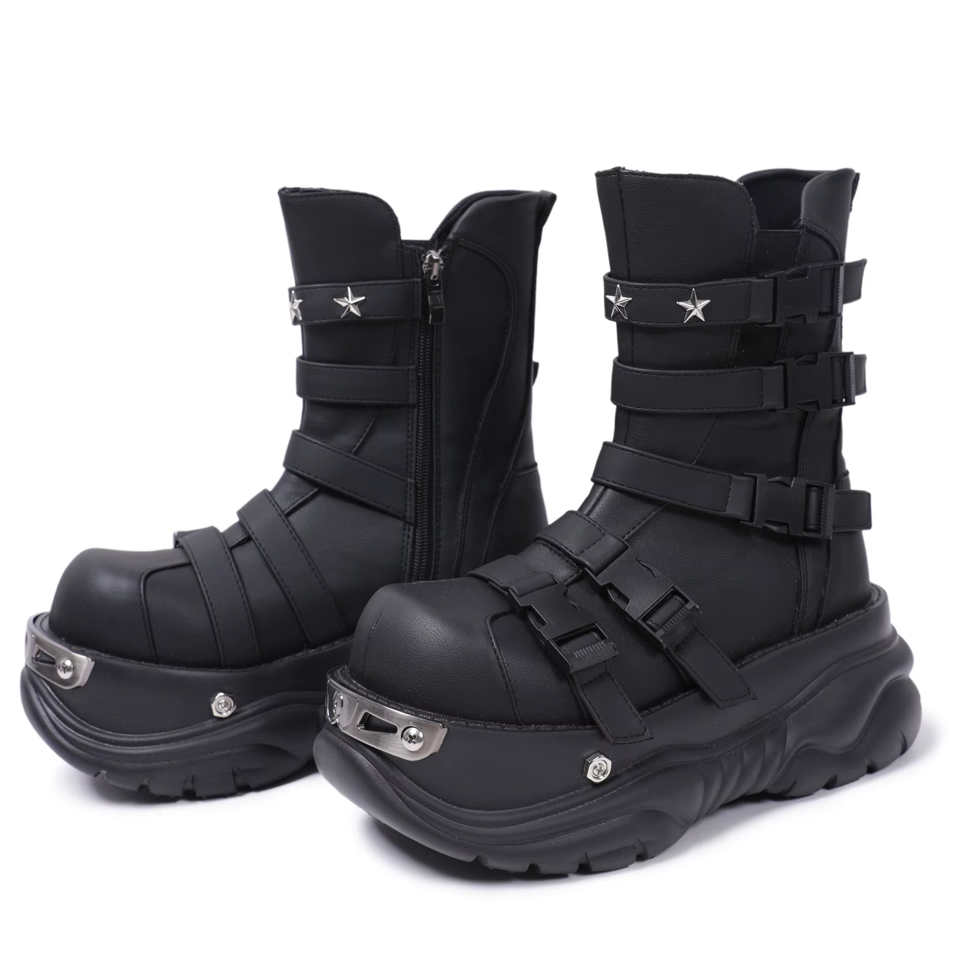Original Gothic Platform Boots – Women’s Punk Metal Elevator Ankle Shoes, Cool Motorcycle Style