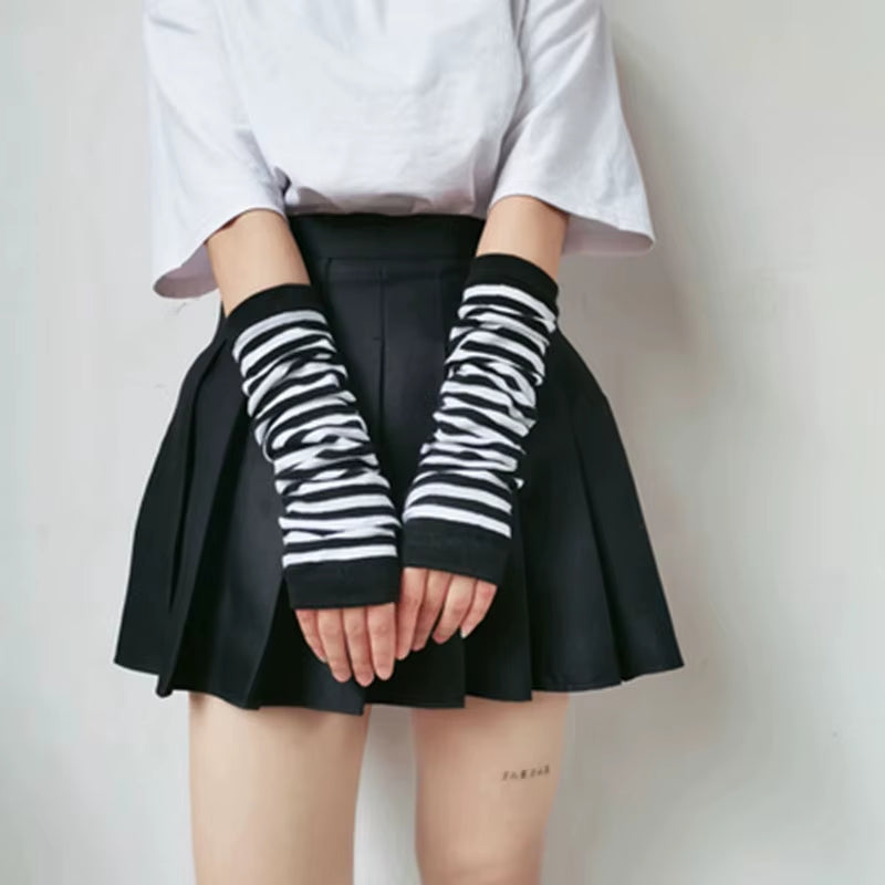 Striped Gloves Arm Warmer Knitted Long Fingerless Gloves Gothic Mittens Punk Rock Accessories Emo Scene Egirl Anime Y2K