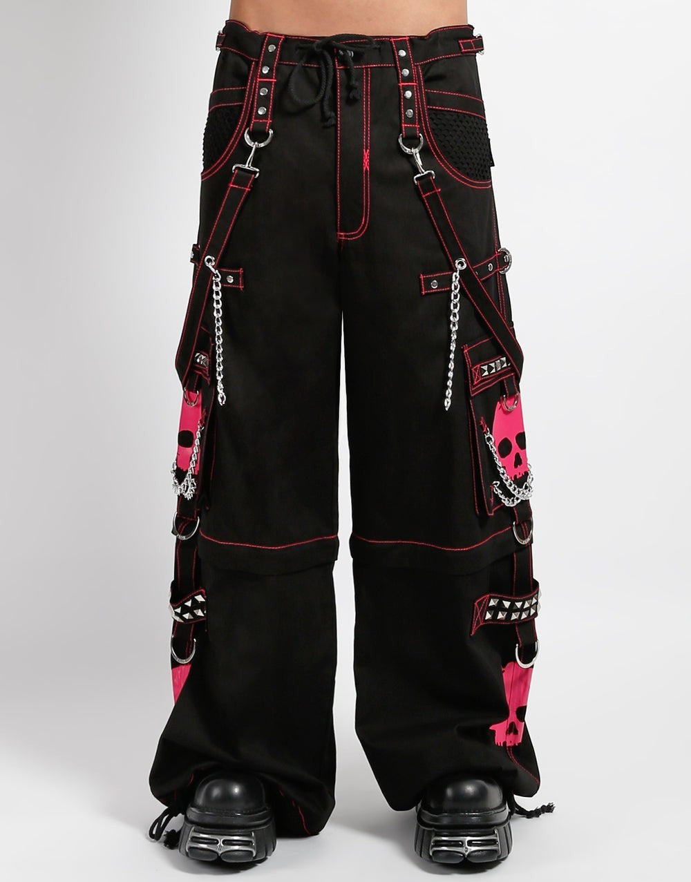 Gothic Skull Pants Black Pink – Zip-Off, Chains, D-Rings, Unisex Fit