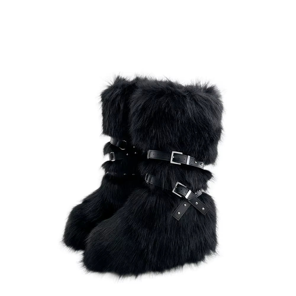 Luxury Faux Fur Knee-High Boots – Belt Buckle, Slip-On Winter Warm Fashion