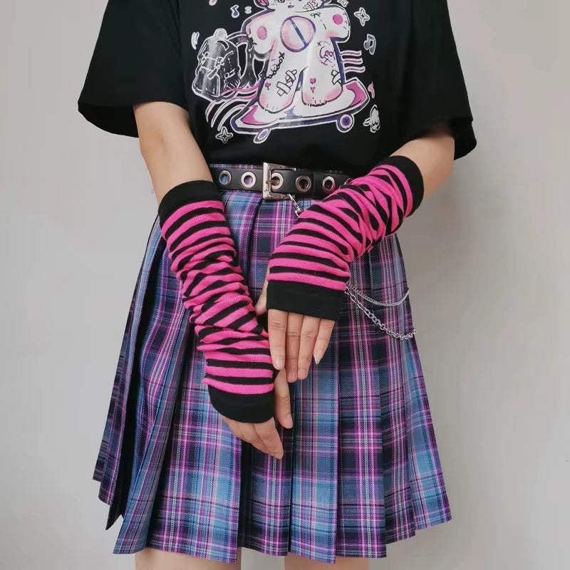 Striped Gloves Arm Warmer Knitted Long Fingerless Gloves Gothic Mittens Punk Rock Accessories Emo Scene Egirl Anime Y2K
