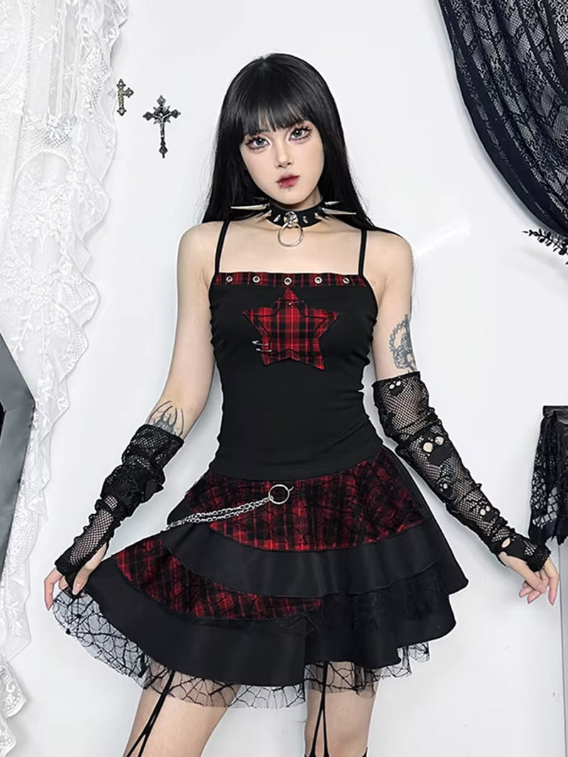 Y2K E-Girl Vintage Camis Women Mall Gothic Cyber Punk Emo Alt Grunge Hotsweet Plaid Pentagram Patchwork Crop Tank Tops