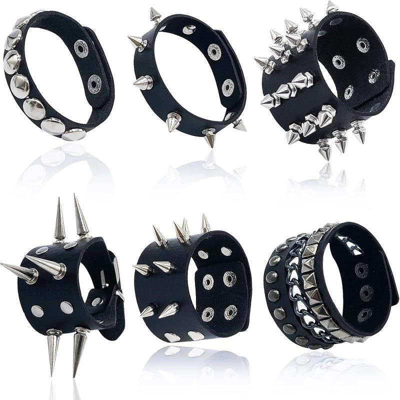 “Dark Punk Bracelet Set 🖤 6-Piece Spiked Leather Cuffs”