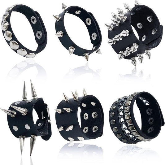 “Dark Punk Bracelet Set 🖤 6-Piece Spiked Leather Cuffs”