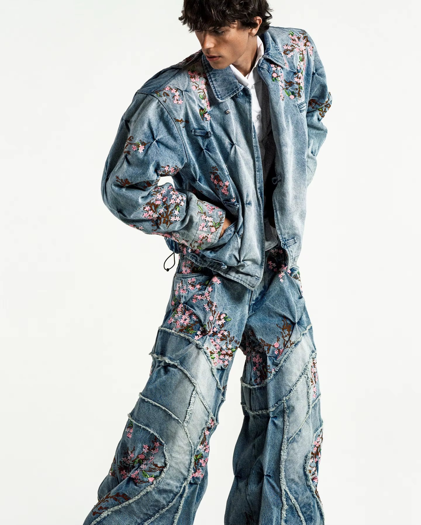 🌸 Harajuku Sakura Embroidered Wide-Leg Denim Pants | Vintage Cherry Blossom Streetwear for Men & Women