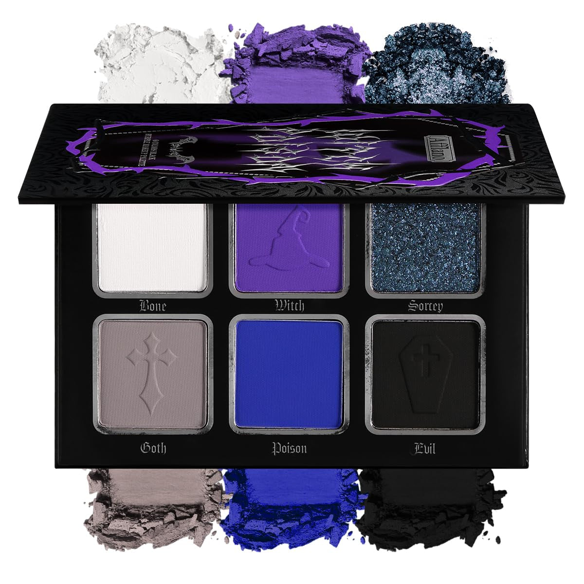 Goth Eyeshadow Palette Purple Blue, Multichrome Chrome Blue Purple Matte Black White Grey Dark Eye Shade, Gothic Halloween Makeup Eye Shadow Pallet for Joker Clown Cosplay SFX Makeup Costume