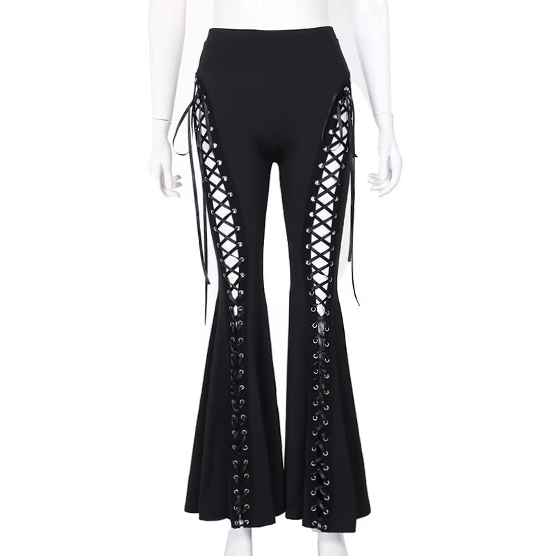 Grunge Streetwear Black Bandage Trousers Cyber Gothic Punk Hollow Out Flare Pants Women Emo High Waist Sexy Alt Bottom