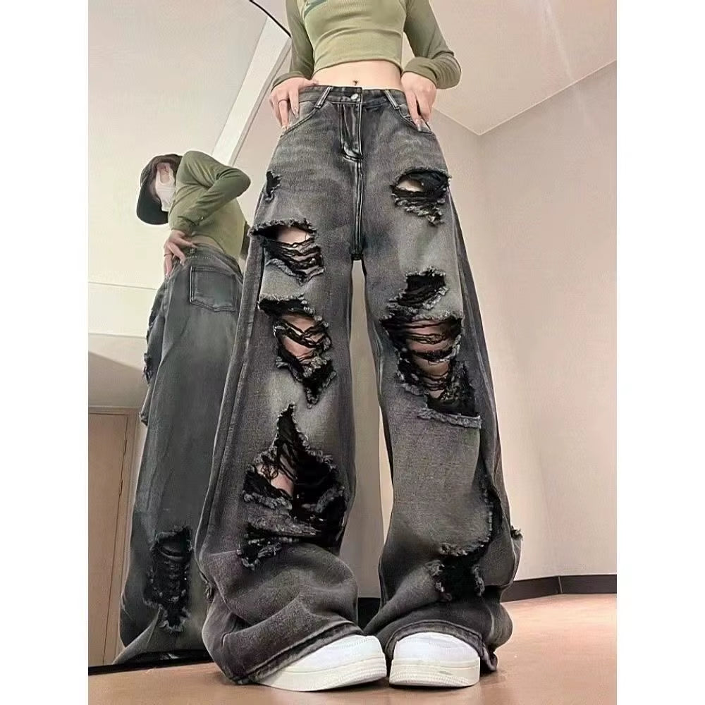 Women’s Lace-Up Ripped Denim Pants – Punk Retro Style