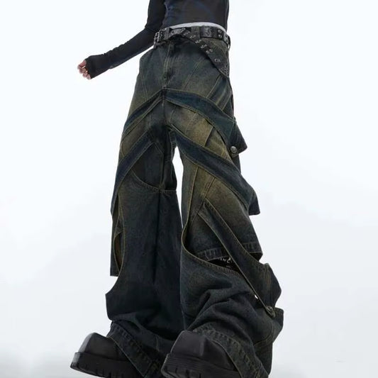 Deconstructed Washed Jeans – Vintage Patchwork High Street Pants