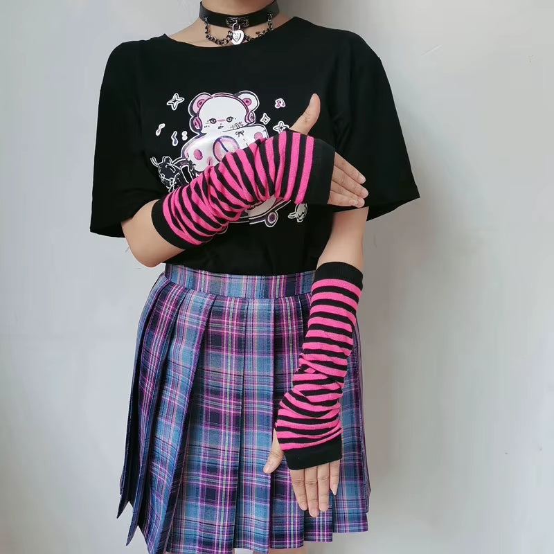 Striped Gloves Arm Warmer Knitted Long Fingerless Gloves Gothic Mittens Punk Rock Accessories Emo Scene Egirl Anime Y2K