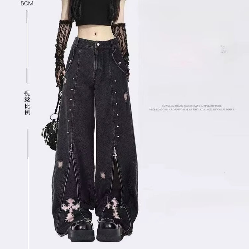 Gothic Heavy Industrial Straight Leg Jeans Distressed Cotton Denim Punk Sweet Cool Style Harajuku Subculture Grunge Streetwear