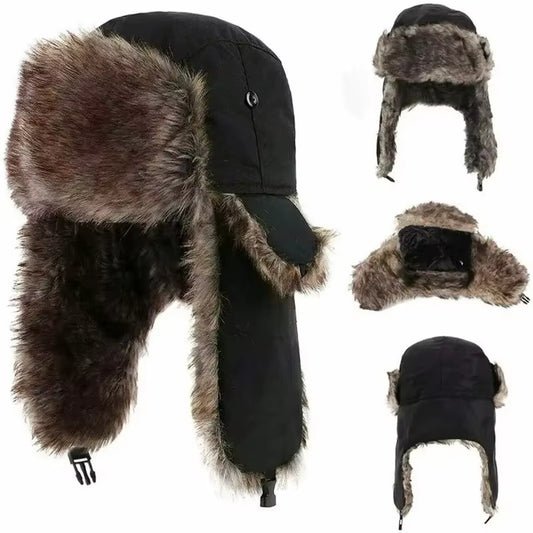 “Dark Fur Ushanka Hat 🖤 Military Pilot Style | Windproof Winter Cap”