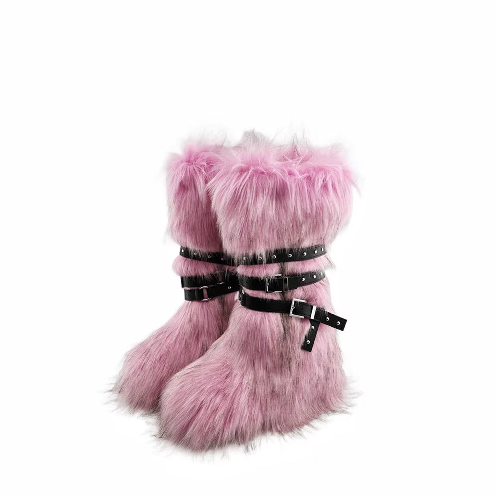 Luxury Faux Fur Knee-High Boots – Belt Buckle, Slip-On Winter Warm Fashion