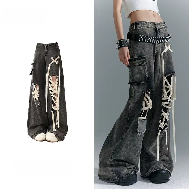 Women’s Lace-Up Ripped Denim Pants – Punk Retro Style