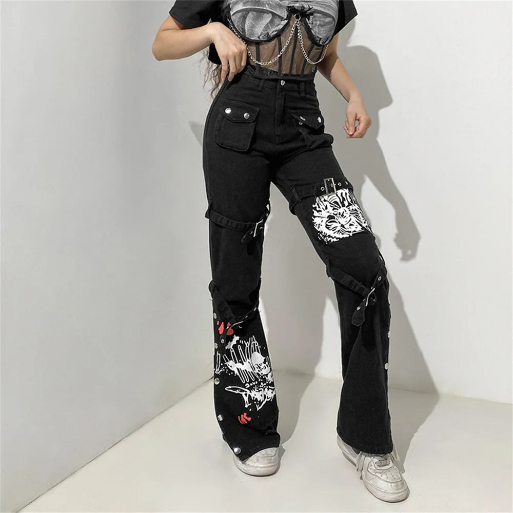 Gothic Emo Alt Cargo Pants Techwear Hippie Baggy Jeans Mom Goth Punk Black Denim Trousers Cyber Y2K Pants Academic Dark Clothes