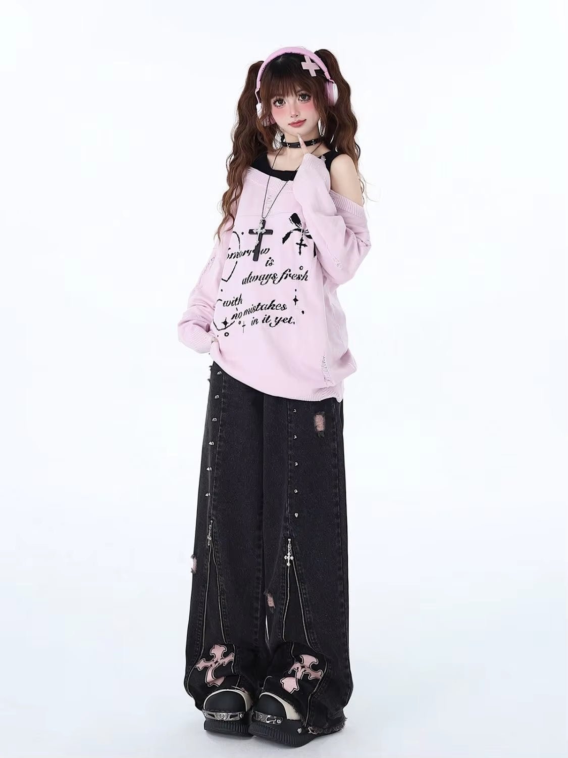 Gothic Heavy Industrial Straight Leg Jeans Distressed Cotton Denim Punk Sweet Cool Style Harajuku Subculture Grunge Streetwear