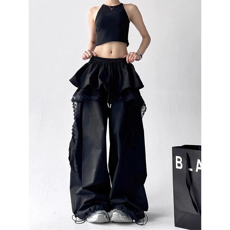 Y2K Black Cargo Pants Women Streetwear Lace Patchwork White Wide Leg Pants Summer Gyaru Harajuku Korean Baggy Trousers New