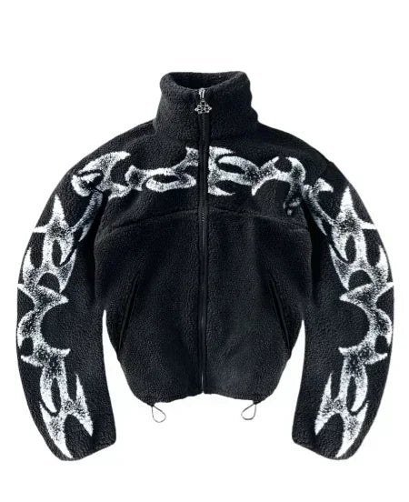 Tribal Flame Fleece Jacket 🔥 Y2K Streetwear Zip-Up for Men & Women | Unisex Winter Edition