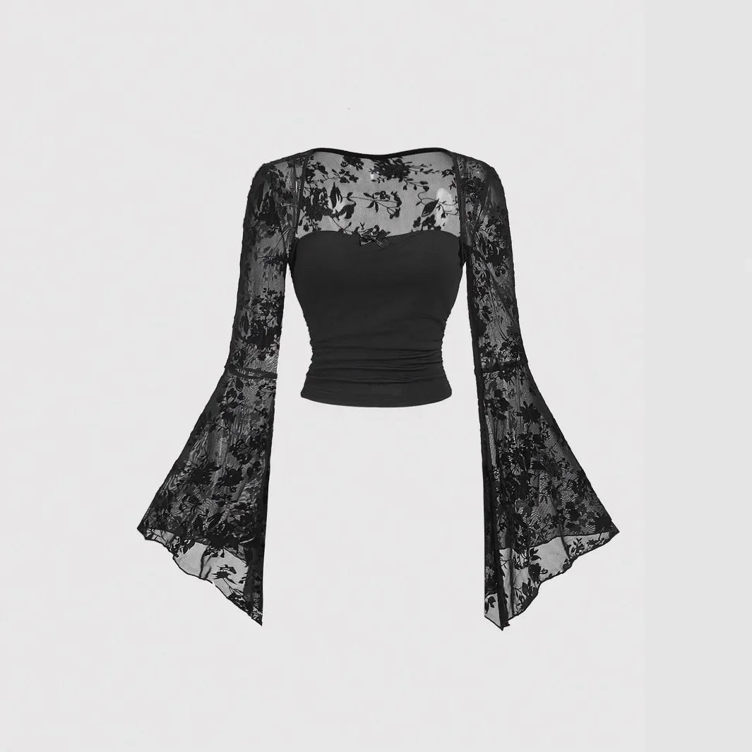 Design Sensation Lace Splicing Long Sleeve Mesh T-Shirt Sexy Elegant Style Full Sleeve Square Collar Polyester Fiber Top