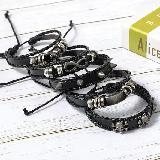 5Pcs Metal Diy Braided Punk Style Bracelet Set, Featuring Pu Leather and Beads