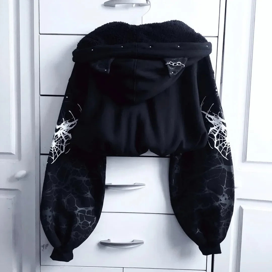 Unleash Your Dark Side with the Black Gothic Spider-Web Cropped Hoodie - Edgy Streetwear for Women