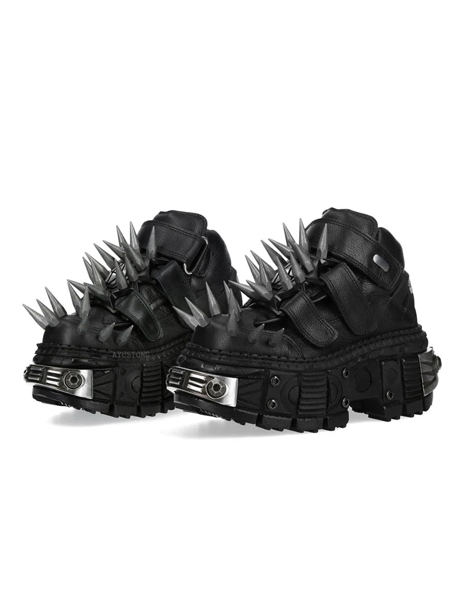Black Thick Sole Spiked Rivet Motorcycle Boots 2025 New round Toe Punk Rock Street Sports Casual Short Boots Fashion Ankle Boots