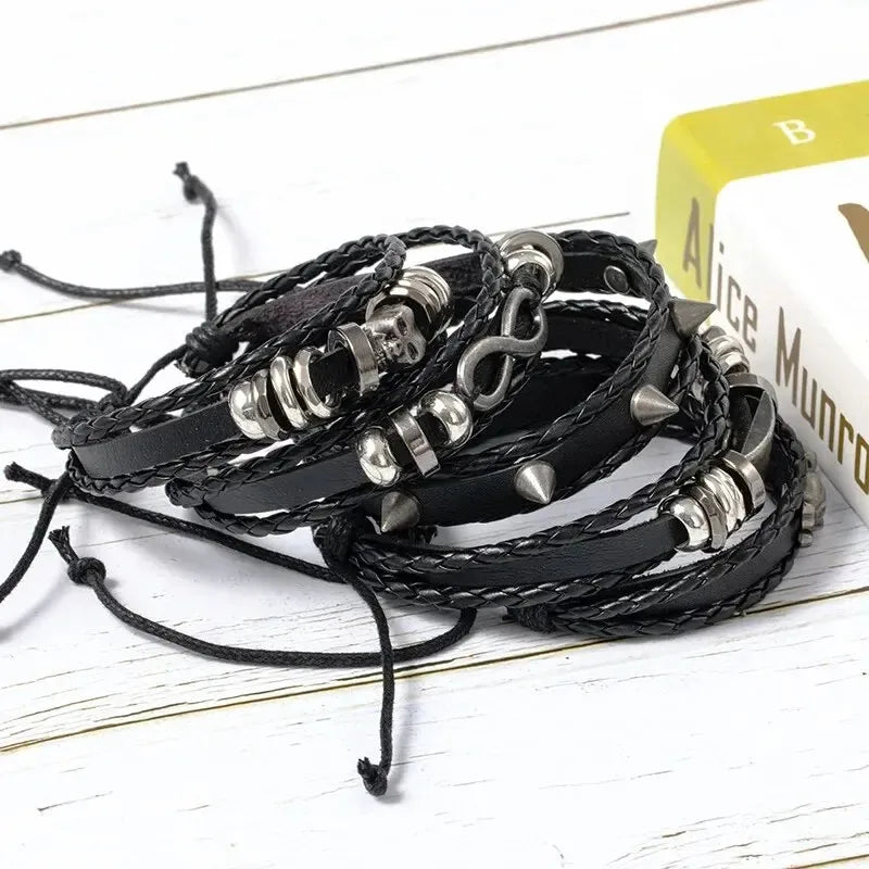 5Pcs Metal Diy Braided Punk Style Bracelet Set, Featuring Pu Leather and Beads