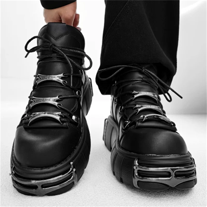 Punk Style Man Platform Shoes Lace-Up round Toe Thick Bottom Boots Fashion Women Gothic Metal Decoration Casual Shoes 2025 New