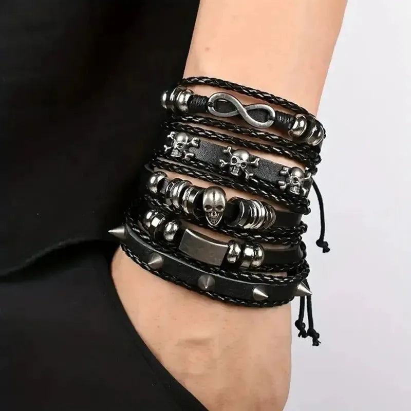 5Pcs Metal Diy Braided Punk Style Bracelet Set, Featuring Pu Leather and Beads