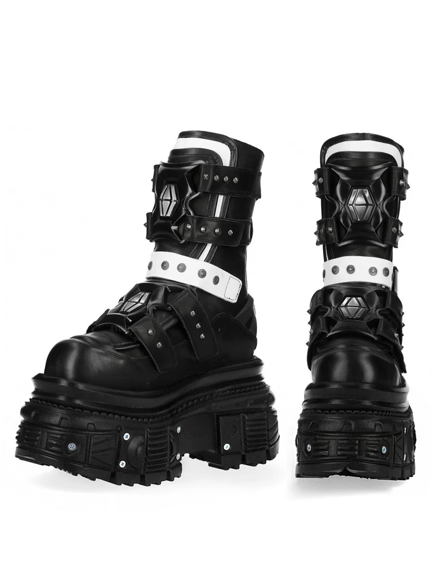 Black Cowhide Platform Boots – Punk Gothic Metal Ankle Shoes for Women