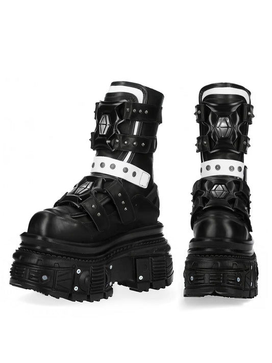 Black Cowhide Platform Boots – Punk Gothic Metal Ankle Shoes for Women