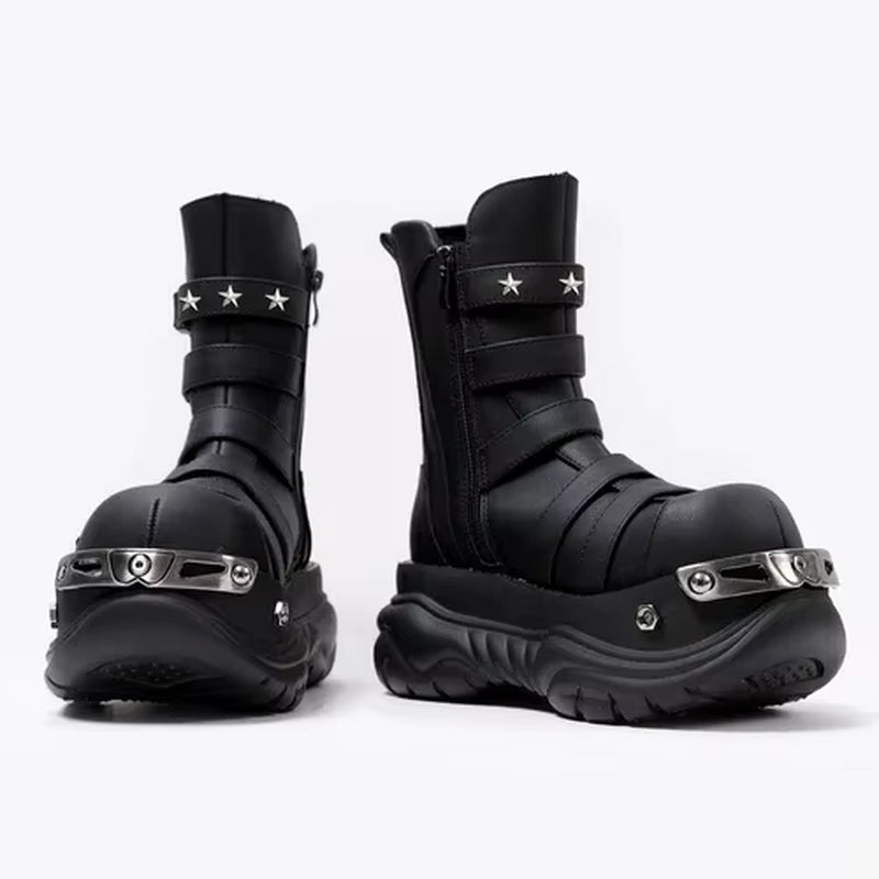 Original Gothic Platform Boots – Women’s Punk Metal Elevator Ankle Shoes, Cool Motorcycle Style