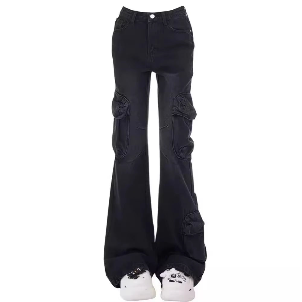 Women’s High-Waisted Vintage Flared Jeans – Black & Grey Street Style